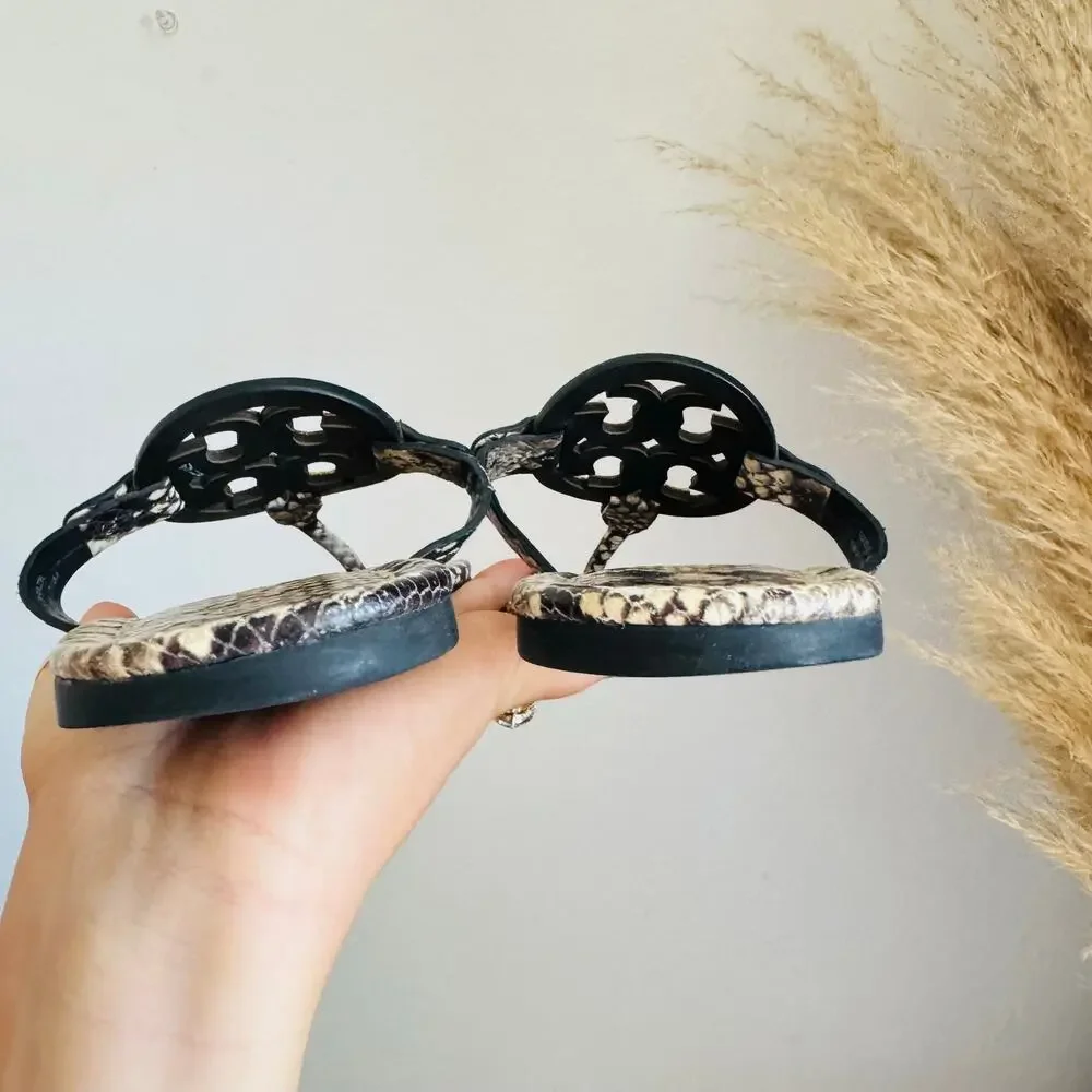 TORY BURCH Beige Black Roccia Snakeskin Leather Miller $258 Slides Sandals 7.5